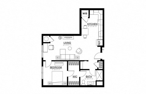 Floor plan for 1 bed, 1 bath, 822 sqft